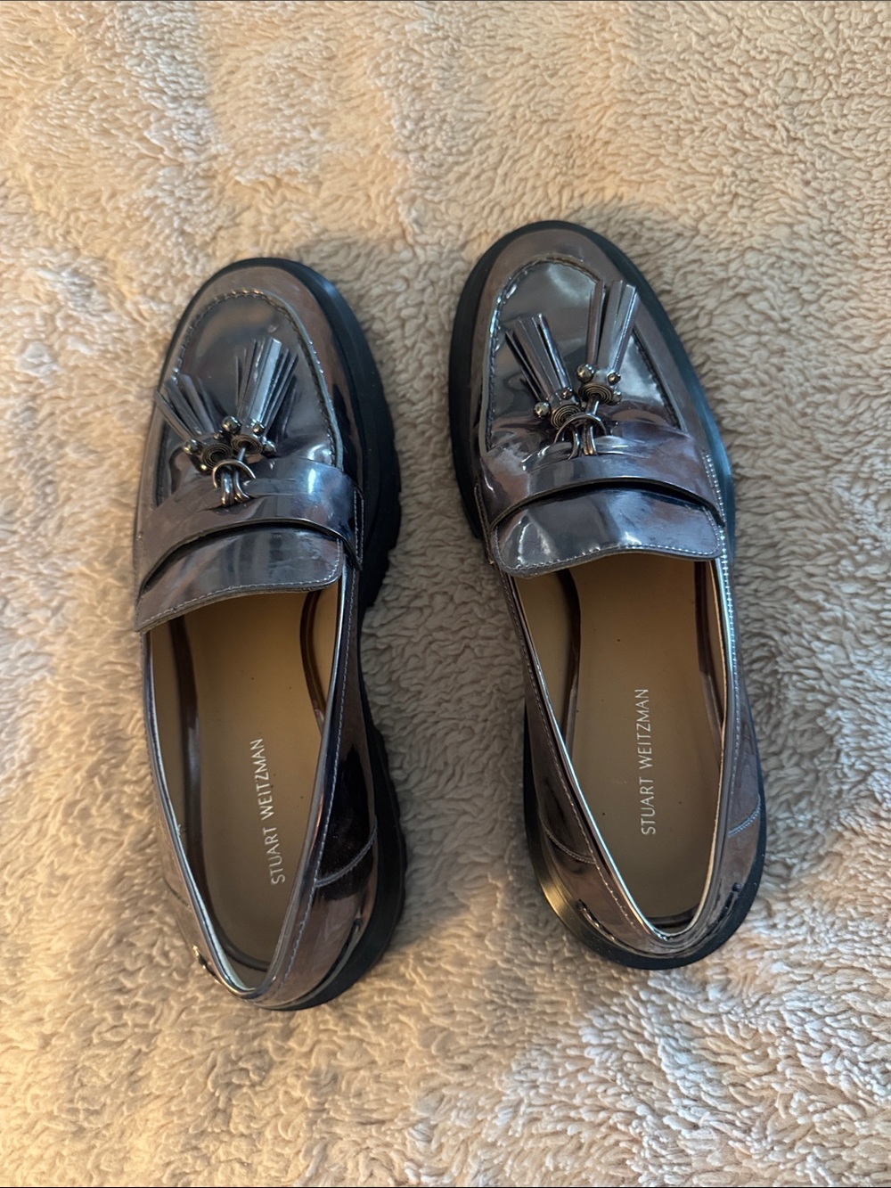 Stuart Weitzman Metallic Silver Tassel Loafers